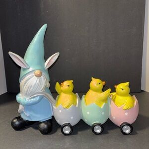 Easter Gnome with Chicks Egg Cart Pull-Through Figurine - Pastel